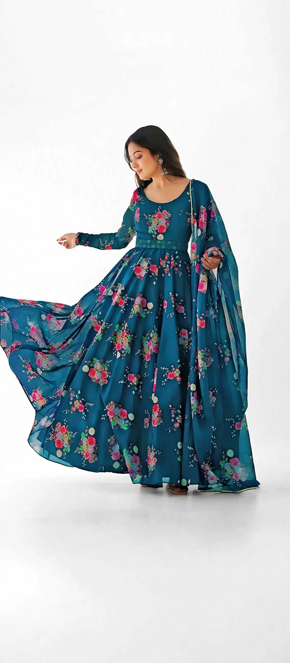 ✨ Premium Floral Print Anarkali Gown with Lace Border Dupatta ✨