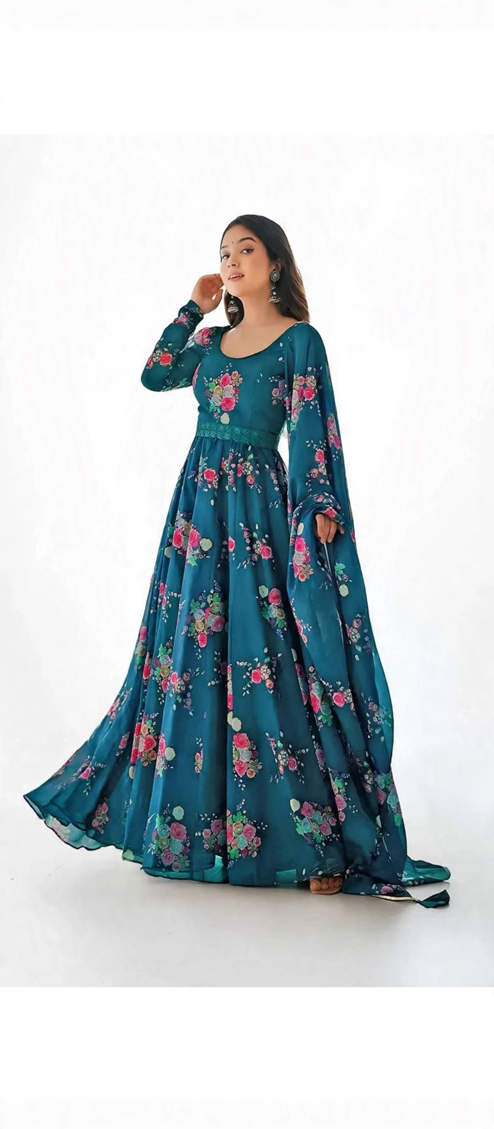 ✨ Premium Floral Print Anarkali Gown with Lace Border Dupatta ✨